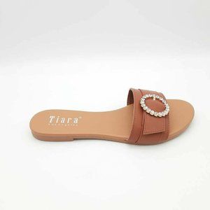 Tiara Womens Slide Flat Sandals Brown Slip On Rhinestones Faux Leather 6 M‎ New